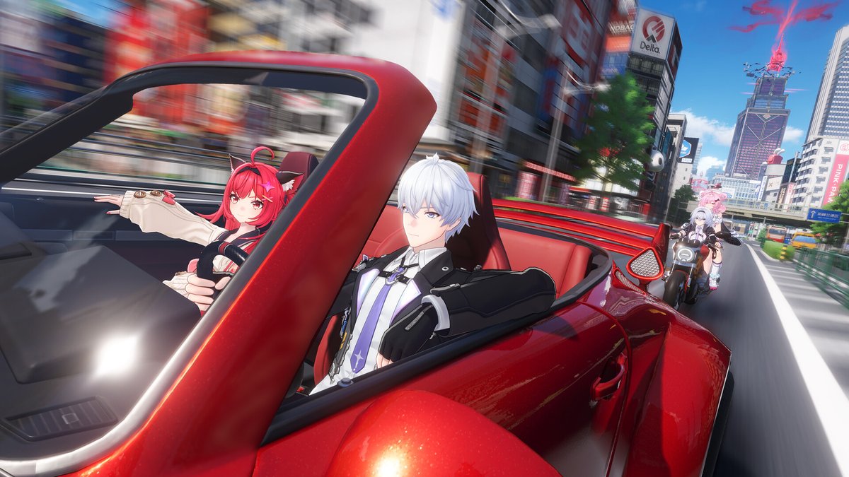 In-game screenshot from NTE: Neverness to Everness showing characters riding through the city in a convertible
