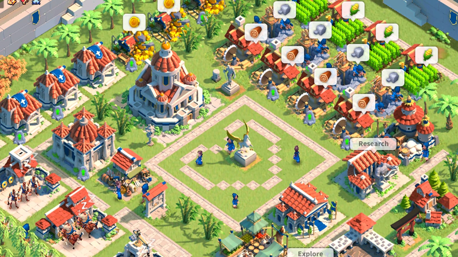 An isometric view of a walled city with red-roofed buildings, farms and a central plaza in Rise of Kingdoms