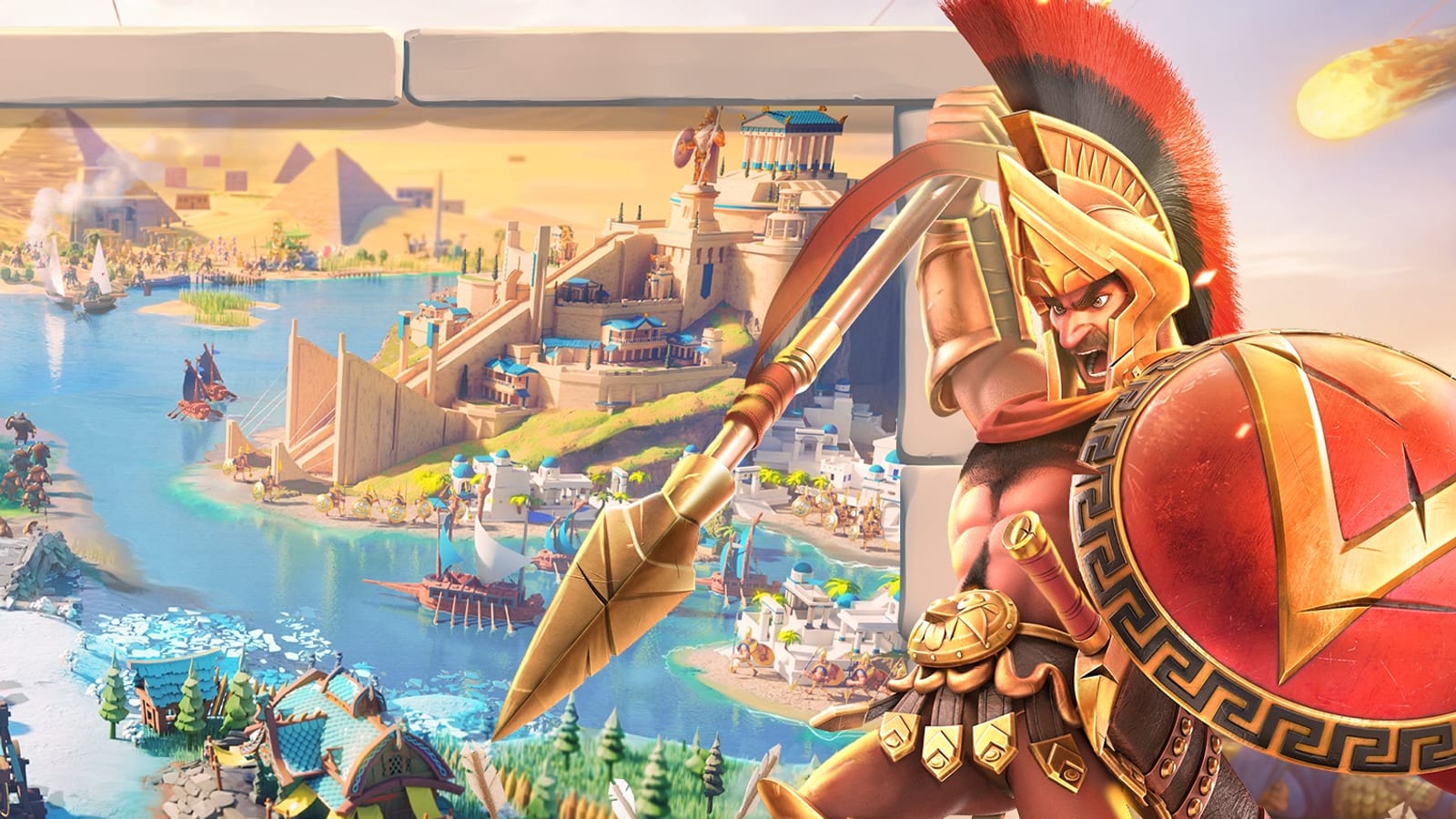 A Spartan warrior with a spear and a red shield in front of a map of cities along a river in Rise of Kingdoms